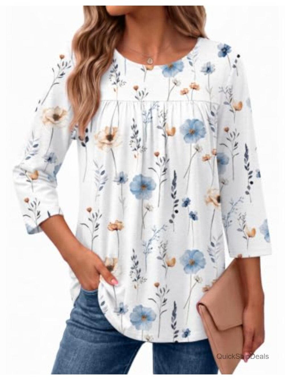 Ekouaer Womens 3/4 Sleeve Pleated Top Boho Blouse Casual Flowy Shirt